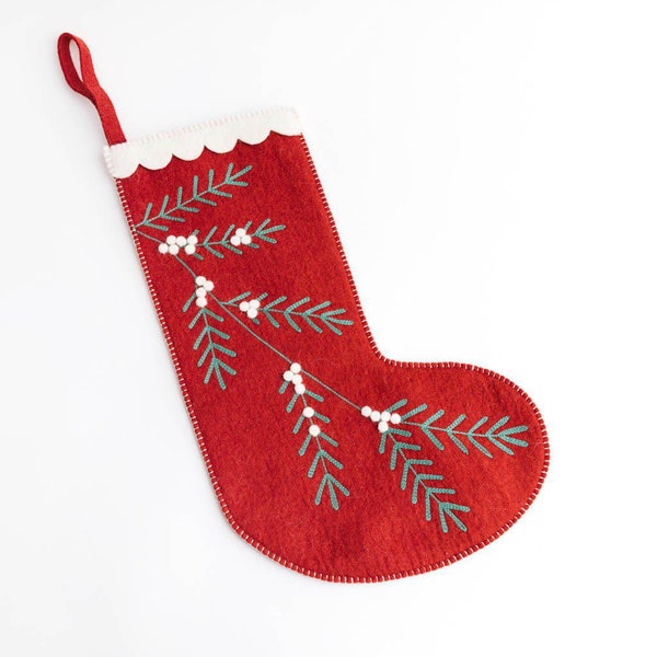 Contemporary Red Winter Pine Stocking, Hand Felted Christmas Bootie, Handmade Festive Holiday Decor