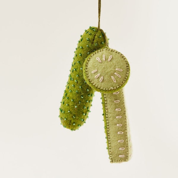 Perfect Pickles Bundle Ornament, Hand Felted Marinated Cucumbers, Handmade Foodie Charm