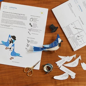 Peut inclure: Un kit de bricolage pour créer un ornement en feutre de geai bleu. Le kit comprend des morceaux de feutre, du fil à broder, de la bourre et des instructions. Le kit comprend également un patron pour le geai bleu, un petit chapeau et un nœud papillon.