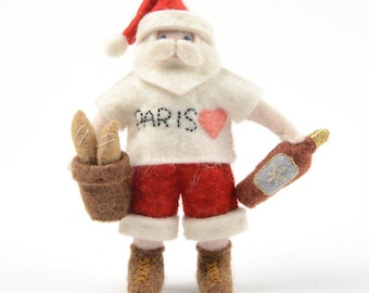 Paris Je T'aime Santa Ornament, Hand Felted French Charm, Handmade Christmas Holiday Decor