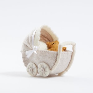 Teddy Baby Carriage Ornament, Hand Felted New Baby Charm, Handmade Nursery Decor