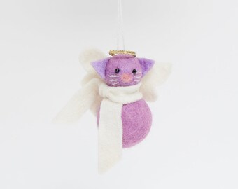 Lilac Angel Kitty Ornament, Hand Felted Pet Charm, Handmade Celestial Decor
