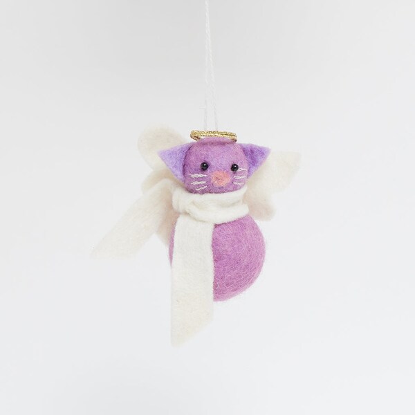 Lilac Angel Kitty Ornament, Hand Felted Pet Charm, Handmade Celestial Decor