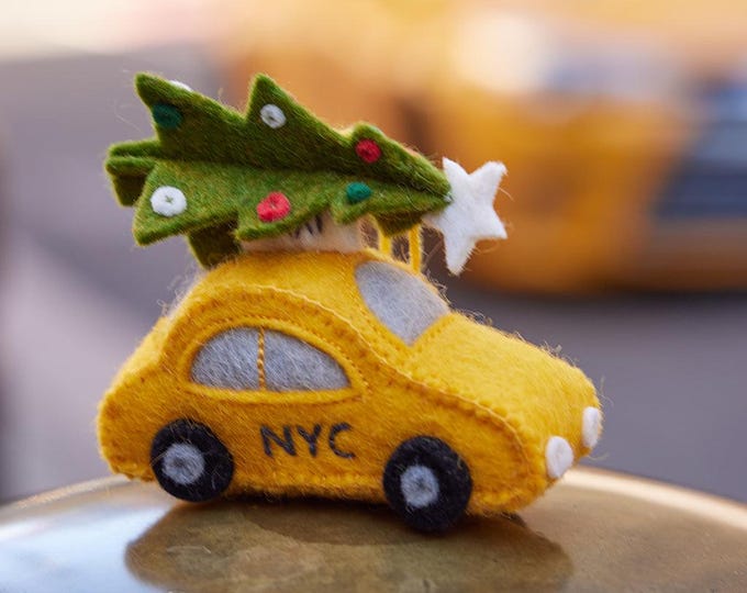 Holiday Taxi Ornament, Hand Felted NYC Yellow Cab Ornament, Handmade New York City Christmas Charm
