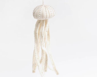 White Jellyfish, Hand Felted Ocean Animal Ornament, Handmade Seaside Decor