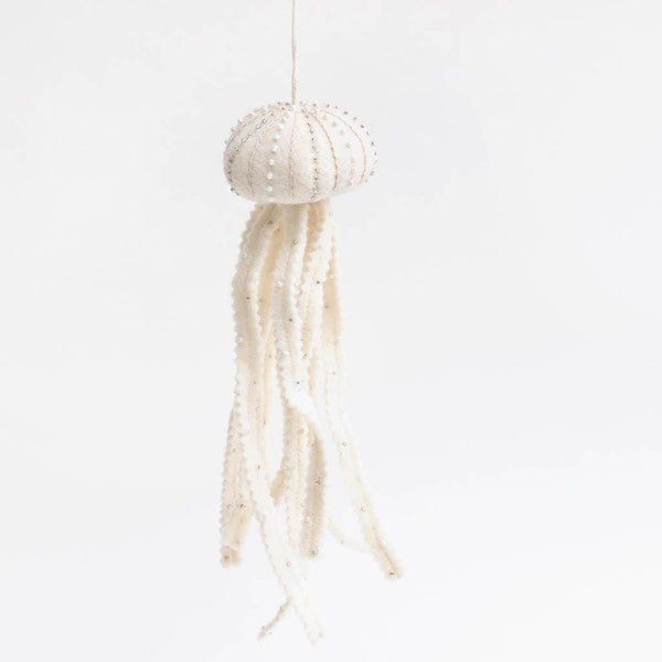 White Jellyfish, Hand Felted Ocean Animal Ornament, Handmade Seaside Decor