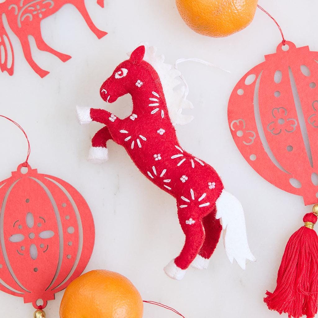 Chinese Red Horse Ornament, Handmade Felt Lunar New Year Decor
