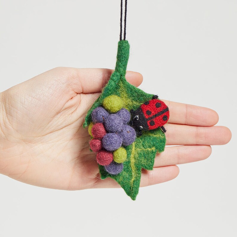 Ladybug on Grape Leaf Ornament, Hand Felted Good Luck Charm, Handmade Nature Garden Decor image 3