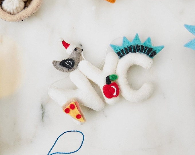 NYC Icons Ornament, Hand Felted New York City Charm, Handmade Trip to The Big Apple Keepsake