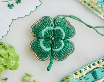 Four-Leaf Clover Beaded Ornament, Hand Embroidered Shamrock Charm, Handmade Saint Patrick's Day Decor