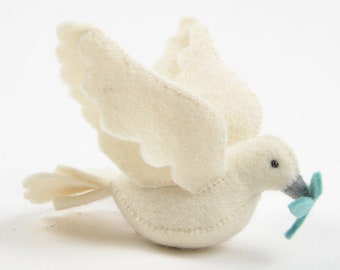 Flying Dove Ornament, Hand Felted White Bird Ornament, Handmade Christmas Holiday Charm