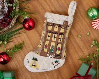 Mini NYC Stocking Ornament, Hand-embroidered  Metropolitan Holiday Charm, Hand-stitched Festive Christmas Decor