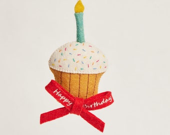 Happy Birthday Badge, Hand Felted Confetti Sprinkle Cupcake Pin, Handmade Celebratory Ribbon