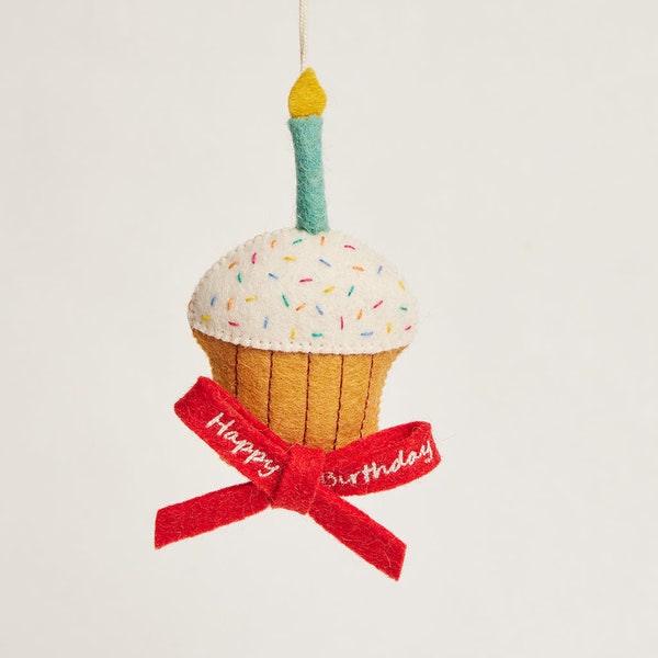 Happy Birthday Badge, Hand Felted Confetti Sprinkle Cupcake Pin, Handmade Celebratory Ribbon