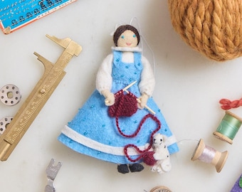 Woman Knitting with Cat Ornament - Light, Hand Felted Maker Charm, Handmade Crafting Decor
