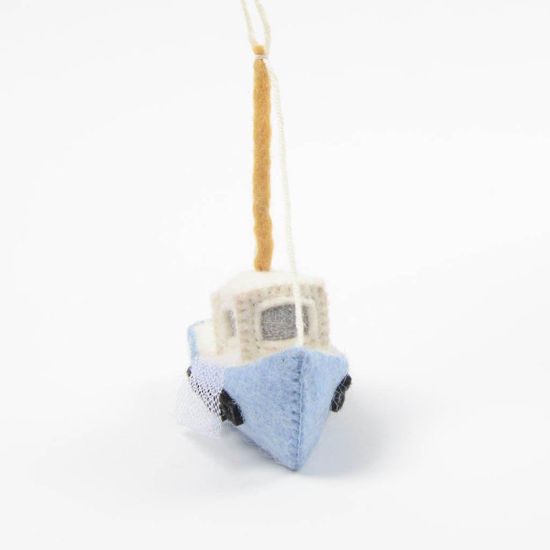 Daily Catch Fishing Boat, Hand Felted Trawler Ornament, Handmade Ocean Life Charm image 4