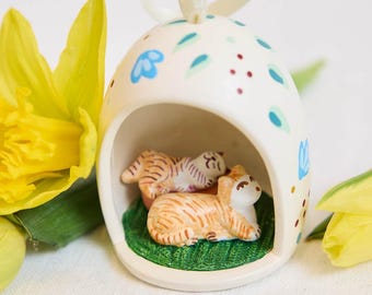 Katzen im Ei Keramik Ornament, niedlichen Frühling Andenken, Vintage Style Kitty Ostern Urlaub Dekor