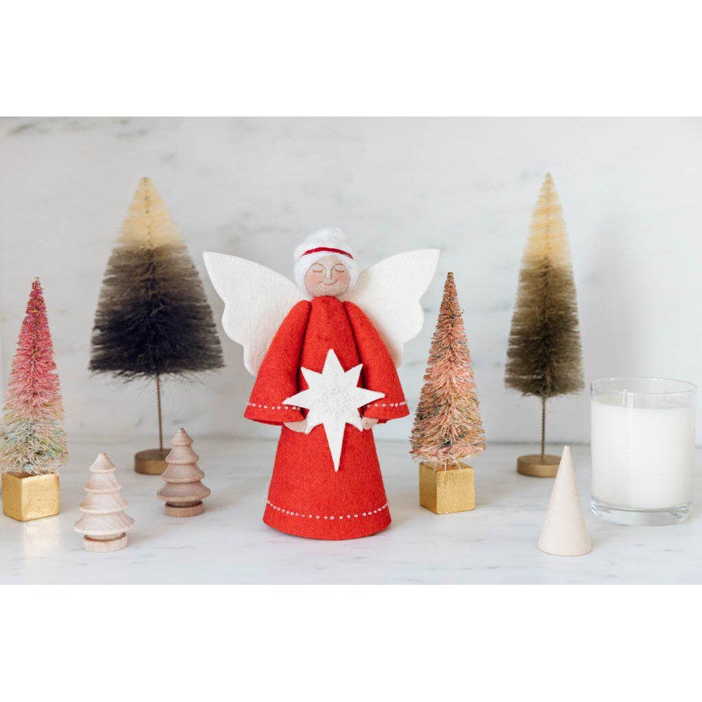 Felt Angel Tree Topper, Star of Bethlehem Topper Red with White Hair