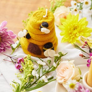 Sunflower Honey Days Beehive Ornament, Hand Felted Bumblebee Charm, Handmade Honey Bee Decor