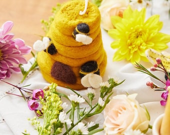 Sunflower Honey Days Beehive Ornament, Hand Felted Bumblebee Charm, Handmade Honey Bee Decor