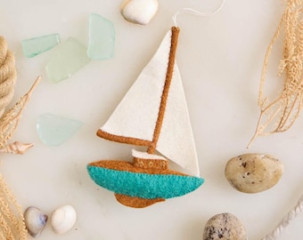 Sailboat Ornament, Handmade Felt Nautical Decor, Coastal Keepsake, Beach House Decoration, Ocean Lover Gift