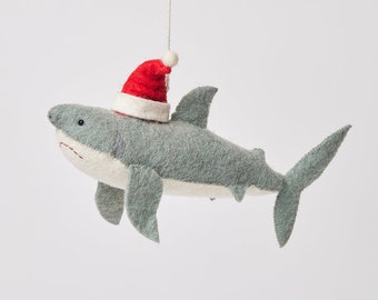 Jolly Santa Shark Ornament, Hand Felted Ocean Animal Charm, Handmade Seaside Christmas Decor