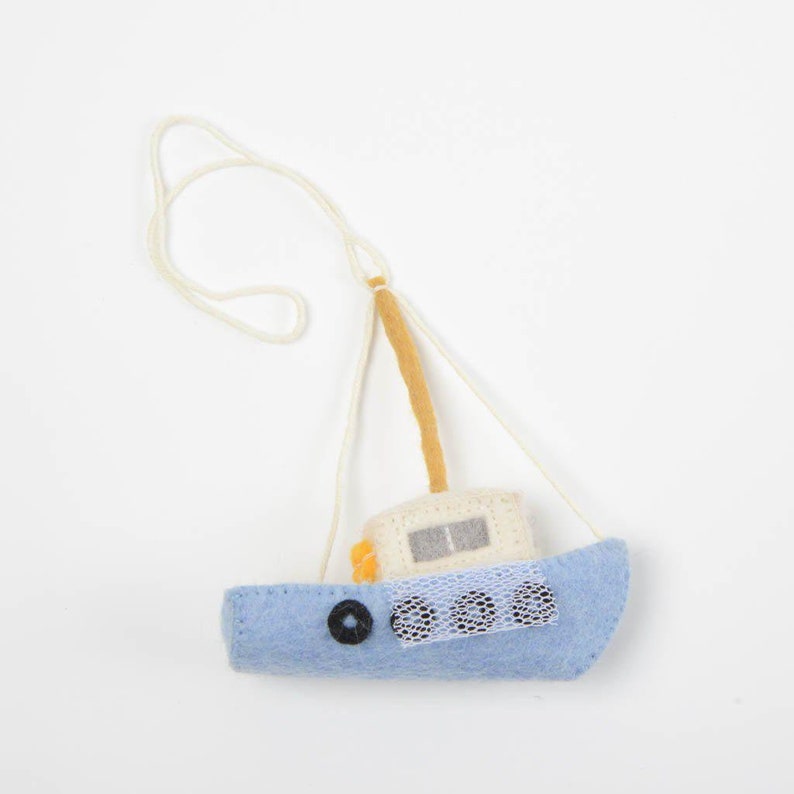 Daily Catch Fishing Boat, Hand Felted Trawler Ornament, Handmade Ocean Life Charm image 7