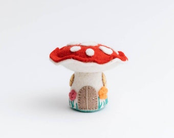 Magic Fairy House Mushroom Ornament, Hand Felted Red Enchanted Toadstool, Handmade Whimsical Charm