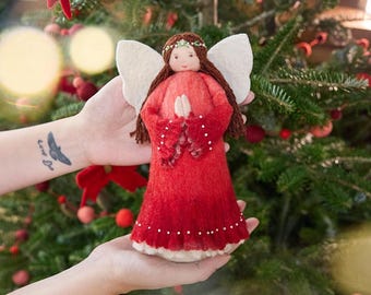 Praying Angel Tree Topper - Light, Handmade Felt Christmas Spirit, Red Heavenly Tree Decoration