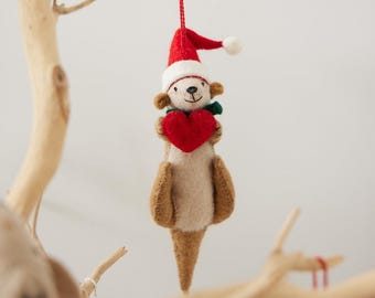 Santa Otter Love Ornament, Hand Felted Ocean Animal Charm, Handmade Christmas Holiday Decor