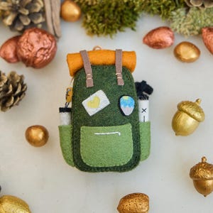 Love Camping Backpack Ornament, Hand Felted Hiking Trip Charm, Handmade Outdoor Adventure Decor