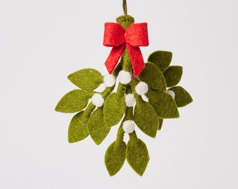 Mistletoe Kiss Ornament, Hand Felted Green Winter Leaf, Handmade Christmas Holiday Charm