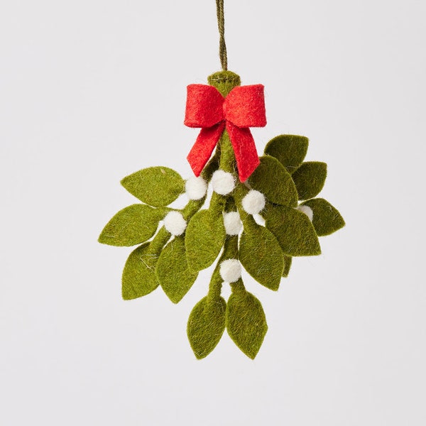 Mistletoe Kiss Ornament, Hand Felted Green Winter Leaf, Handmade Christmas Holiday Charm