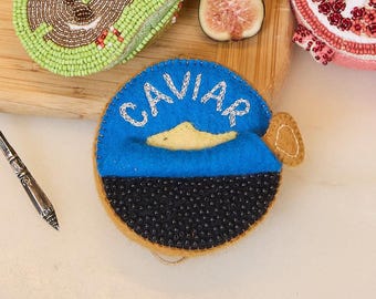 Caviar Tin Ornament, Hand Felted Seafood Ornament, Handmade Celebration Charm