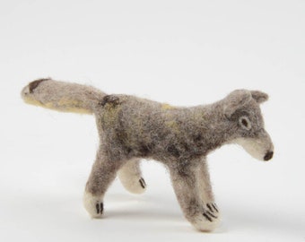 Running Wolf Ornament, Hand Needle Felted Gray Canine Animal Ornament, Handmade Fuzzy Charm