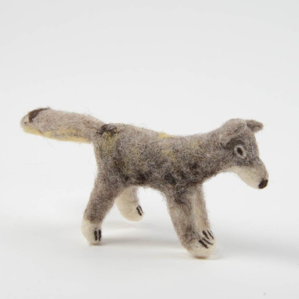 Running Wolf Ornament, Hand Needle Felted Gray Canine Animal Ornament, Handmade Fuzzy Charm