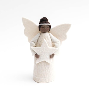 White Star Angel Tree Topper - Brown, Hand Felted Christmas Tree Accessory, Handmade Festive Holiday Decor