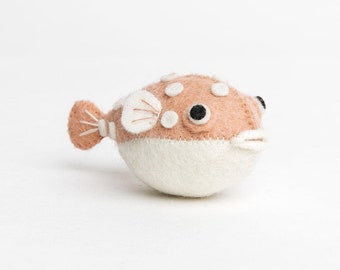 Pink Big Puff Pufferfish, Hand Felted Ocean Animal Ornament, Handmade Sea Charm