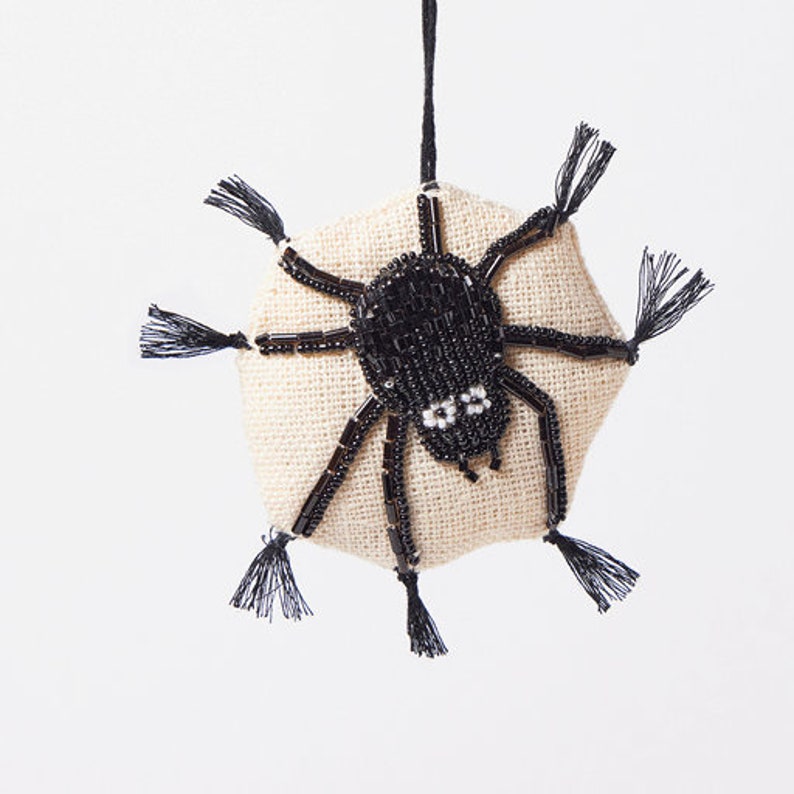 Spider Web Beaded Ornament, Hand Embroidered Black Tarantula, Handmade Halloween Charm image 3