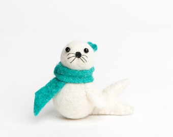 White Playful Seal Pup Ornament, Hand Felted Ocean Animal Ornament, Handmade Seaside Charm