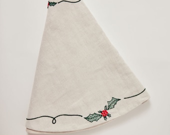 Holiday Greens Tree Skirt, Hand Embroidered Linen Tree Stand Covering, Handmade Christmas Decor