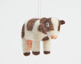 Sunny Meadows Cow Ornament, Hand Needle Felted Cattle Charm, Handmade Farm Animal Decor
