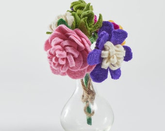 Summer's Bounty Flower Bouquet with Vase, Hand Felted Spring Blooms, Handmade Home Decor