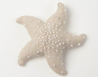 Eggshell Wave Starfish, Hand Felted Ocean Animal Ornament, Handmade Seaside Charm