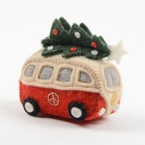 Christmas Tree Hippie Bus, Hand Felted Camper Van Ornament, Handmade Holiday Adventure Charm