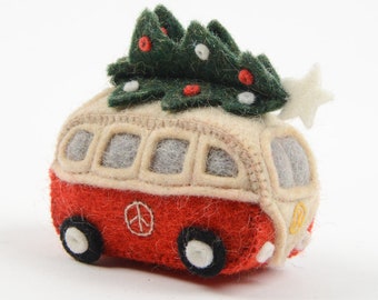 Christmas Tree Hippie Bus, Hand Felted Camper Van Ornament, Handmade Holiday Adventure Charm