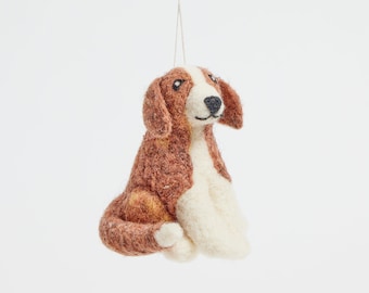 Brown Seated Hound Ornament, Hand Felted Dog Charm, Handmade Pet Decor