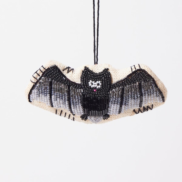 Bat Beaded Ornament, Hand Felted Black Flying Fox, Handmade Halloween Charm