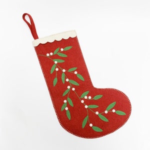 Contemporary Red Winter Berry Stocking, Hand Felted Christmas Bootie, Handmade Festive Holiday Decor