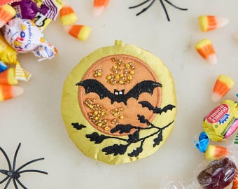 Bat & Moon Beaded Ornament, Handmade Halloween Decor, Celestial Keepsake, Gothic Fall Collectible